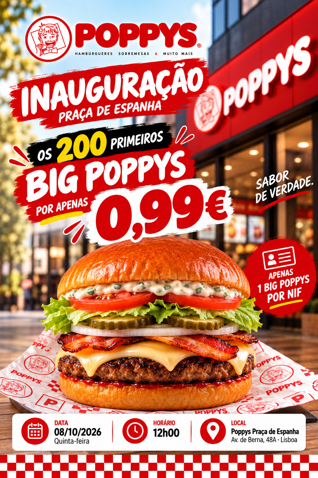 Campanha de inauguração: os 200 primeiros Big Poppys por 0,99€, apenas 1 por NIF. Fotografia promocional e identidade Poppys.